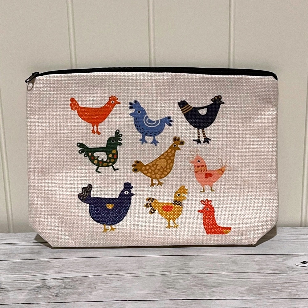 Chicken Print Linen Cosmetic Bag Farmhouse Hen Pattern Makeup Pouch NEW